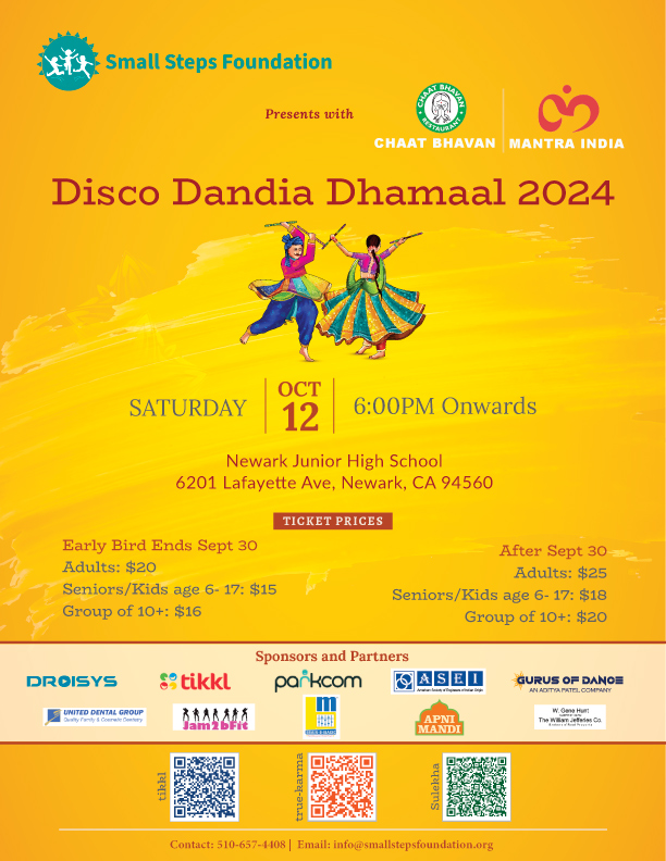 Disco Dandia Dhamaal 2024 flyer with ticket prices, sponsors and partners